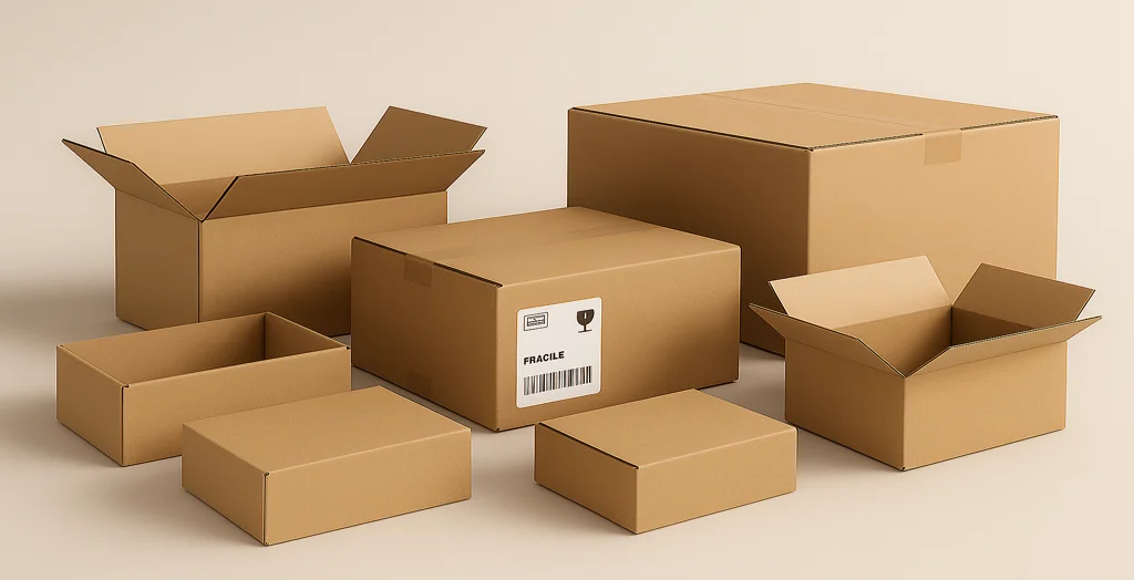 A variety of brown cardboard shipping boxes in different sizes arranged neatly on a neutral background, representing various shipping box sizes for packaging.
