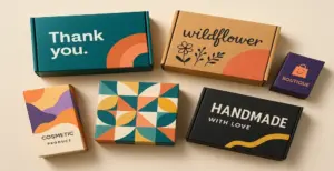 Colourful custom packaging boxes for small businesses, featuring modern geometric, floral, and boutique-style designs.
