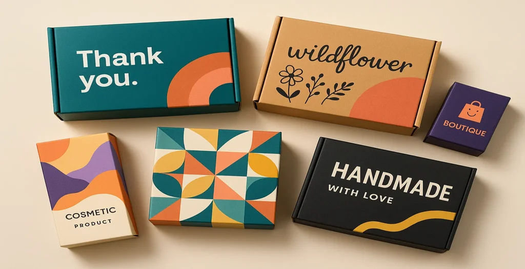 Colourful custom packaging boxes for small businesses, featuring modern geometric, floral, and boutique-style designs.
