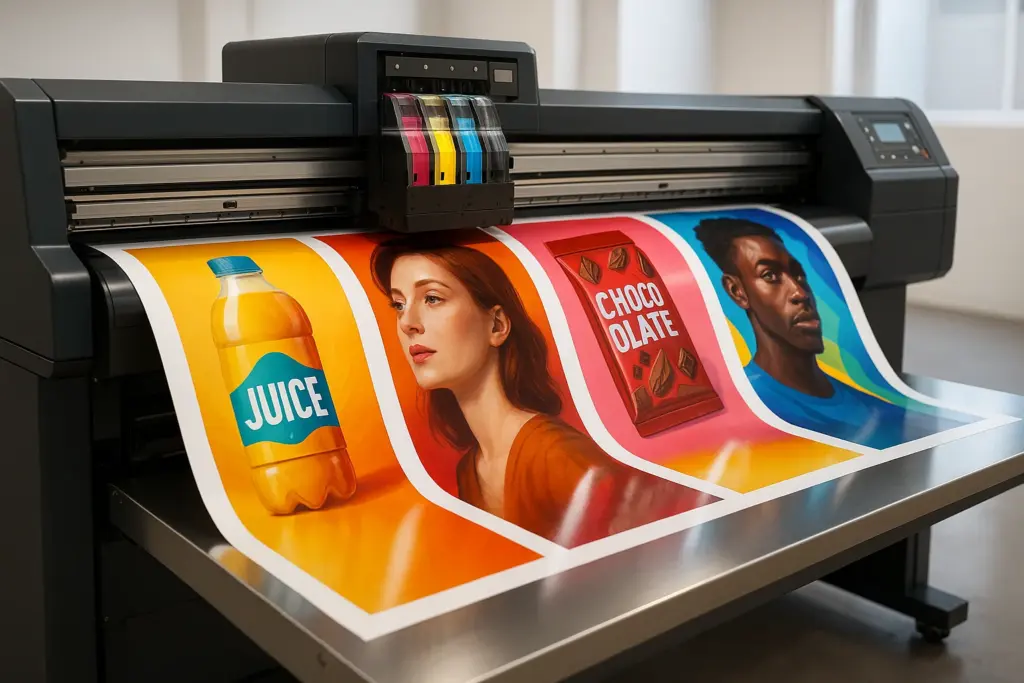 Modern digital printing press producing vivid, colorful poster sheets with CMYK ink cartridges, showcasing precise color accuracy and professional printing quality