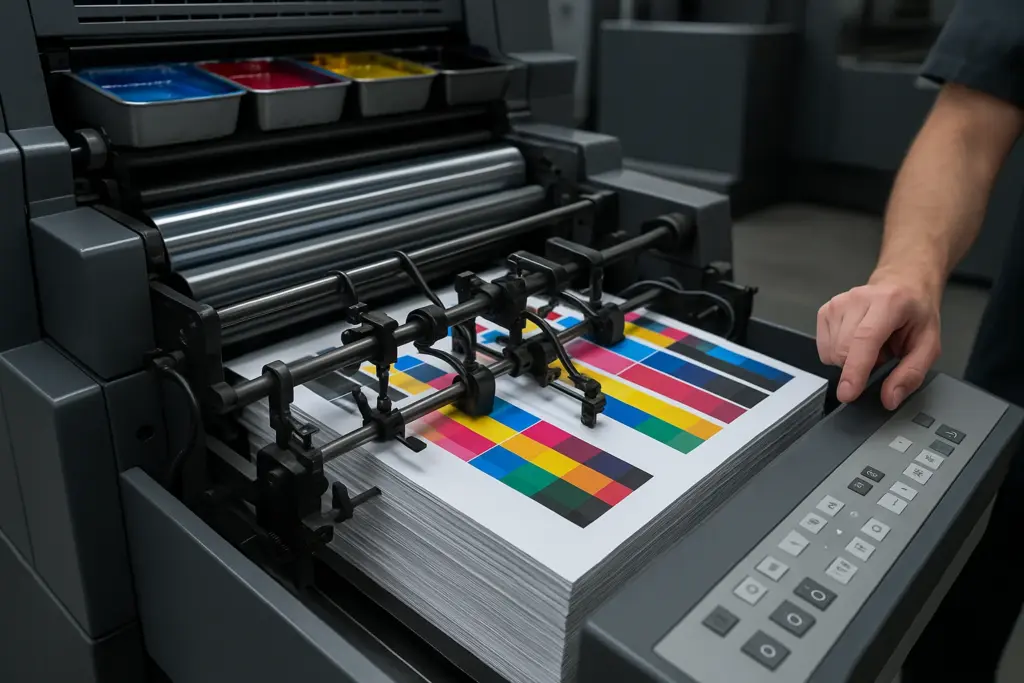 Offset printing press in a modern print shop producing colorful CMYK sheets, showing machine rollers, control panel, and stack of freshly printed paper