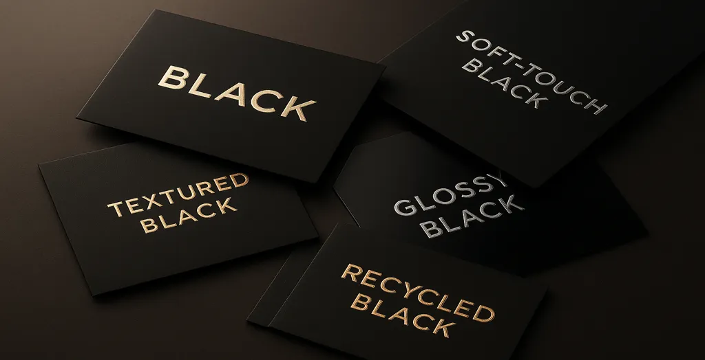 Collection of premium black cards showcasing textured, glossy, soft-touch, and recycled finishes with metallic gold and silver typography on a dark background.