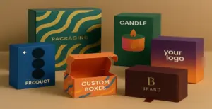 Colourful custom packaging boxes including mailer box, candle box, product box, and branded rigid box displayed on a minimal studio background.