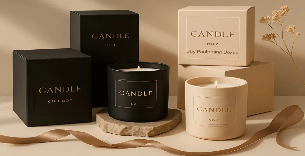 Candle packaging display with black and beige luxury candle boxes and jars styled in a minimal, warm-toned setup.