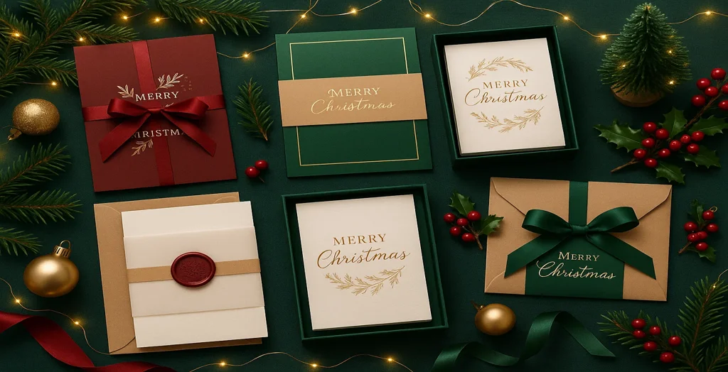 Elegant Christmas card packaging with festive boxes, envelopes, and ribbon decorations styled in red, green, and gold for holiday gifting inspiration.
