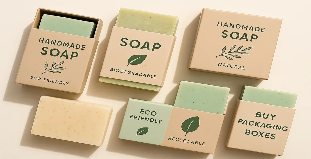 Eco-friendly handmade soap bars with sustainable packaging sleeves and natural minimalist box designs arranged on a neutral background.