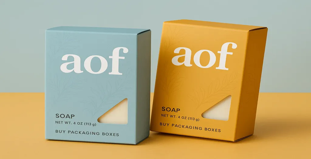 Two premium soap packaging boxes in pastel blue and mustard yellow with modern branding.