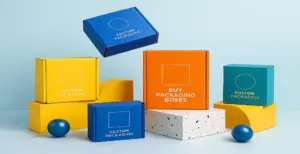 Colourful custom packaging boxes in vibrant blue, yellow, orange, and teal arranged creatively for a modern branding display.