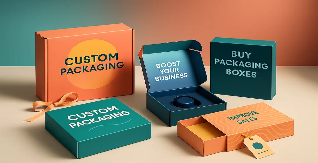 Custom packaging boxes arranged aesthetically, showcasing modern designs and colours with phrases like ‘Boost Your Business’ and ‘Improve Sales’