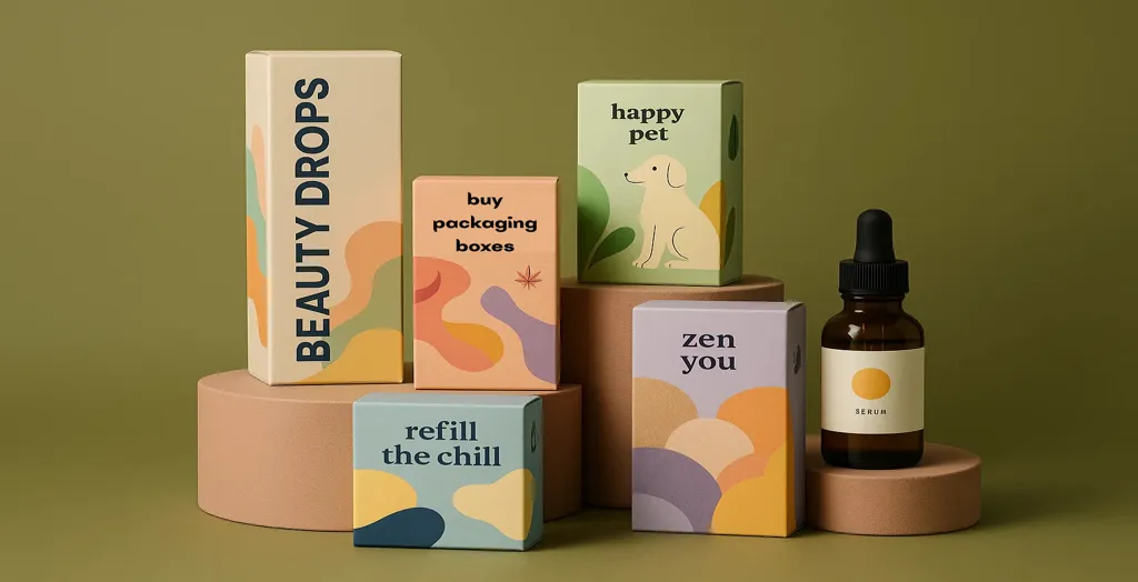 Colourful cosmetic and wellness packaging boxes displayed on pastel podiums with a serum bottle.