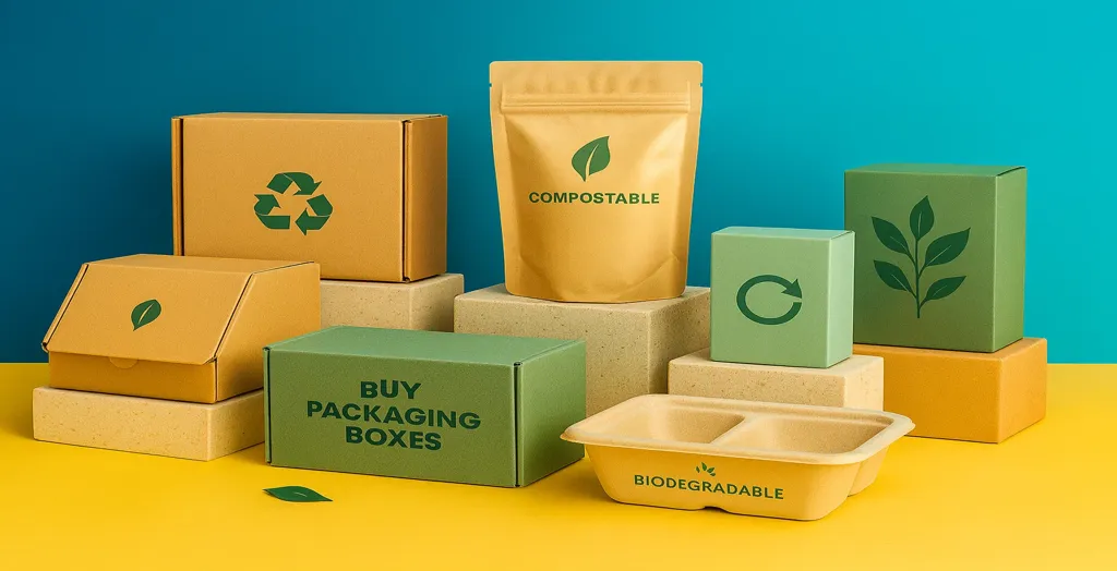 Eco-friendly packaging boxes made from kraft and recycled materials with compostable and biodegradable labels.
