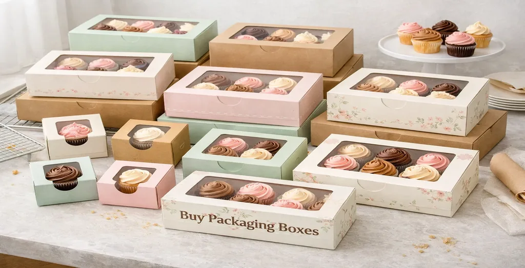 Custom cupcake packaging boxes with window display, pastel designs, and assorted frosted cupcakes