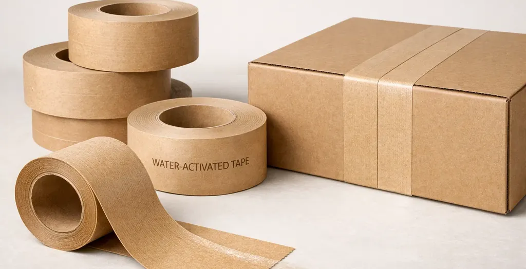 Kraft water-activated tape rolls next to a sealed cardboard shipping box on a clean background.