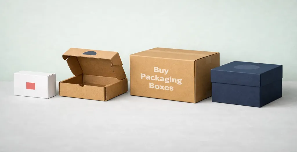 Custom packaging boxes in different sizes including kraft and rigid boxes for wholesale packaging solutions