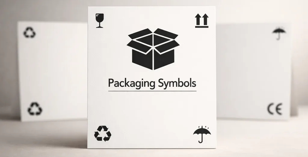Packaging symbols card showing fragile, this side up, recycle, and keep dry icons.