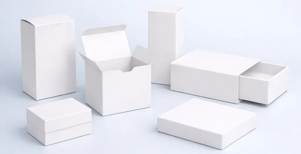 Blank white packaging boxes in different shapes on a light background
