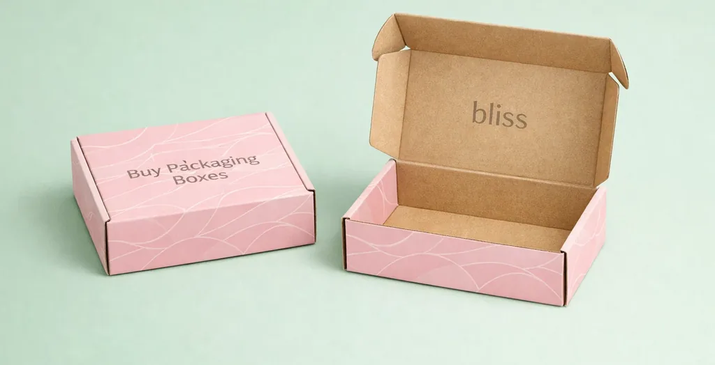 Custom printed boxes with branded interior printing on pastel background