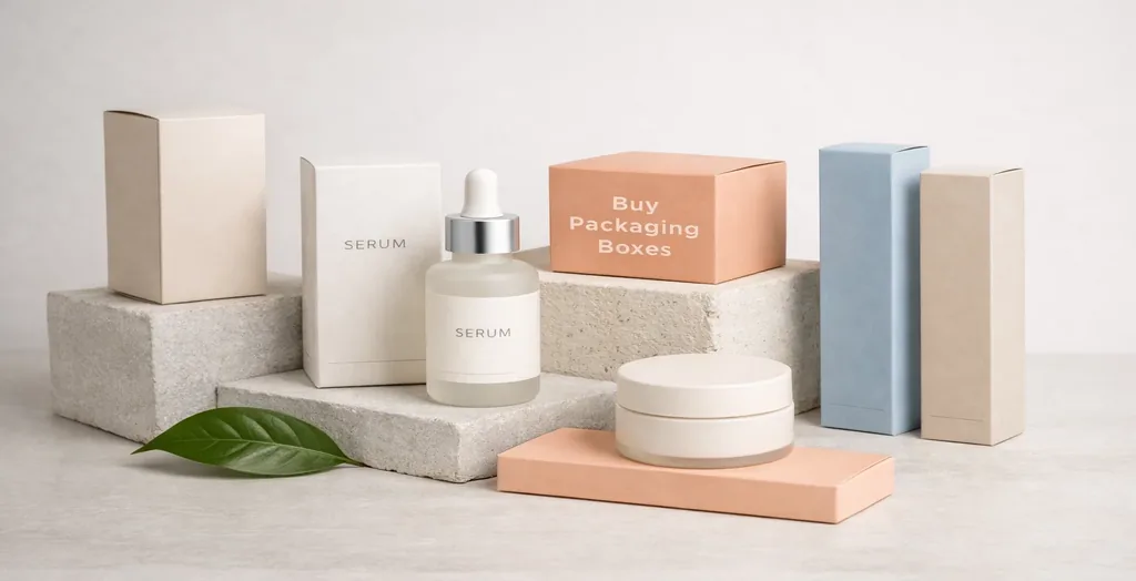 Minimal cosmetic packaging boxes with serum bottle and skincare jars on neutral display blocks
