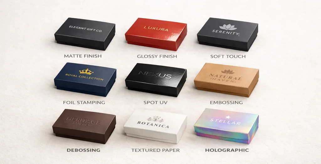 Packaging box finishes comparison with matte, glossy, foil, embossing, and holographic styles.