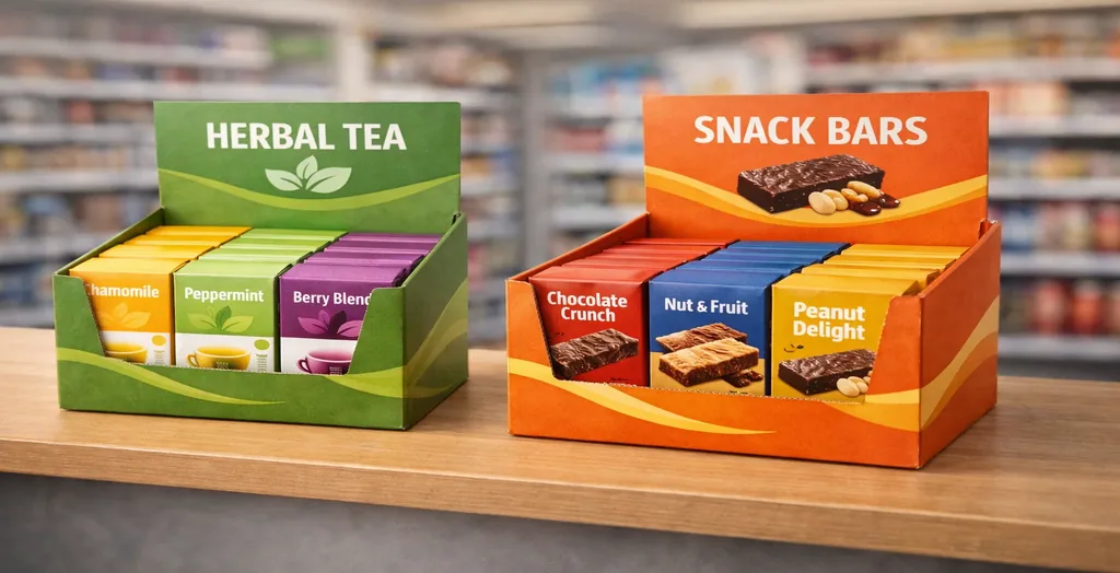 Retail display boxes for herbal tea and snack bars arranged on a store counter.