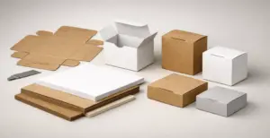 Paperboard material sheets with folding carton boxes and packaging samples in white and kraft finishes