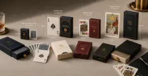 Playing card packaging and size comparison guide with deck boxes
