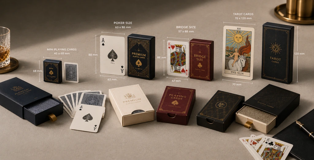 Playing card packaging and size comparison guide with deck boxes